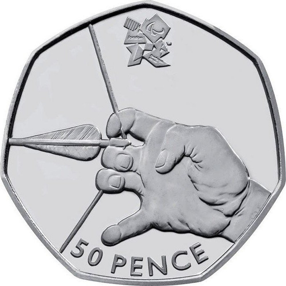 50 p s i. Великобритания 50 пенсов, 2011 стрельба. Монета с лучником. Монета стрела. Монеты с изображением оружия.
