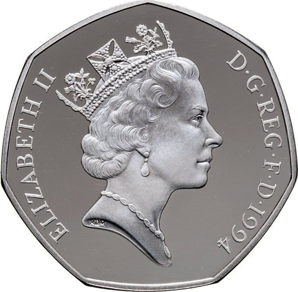 Монета элизабет. Elizabeth 2 монета 1994г. Монета Elizabeth i i d g 50 Pence. Великобритания 50 пенсов 1994 d-Day. Монета elizabeth2 dgreg f d 1994.