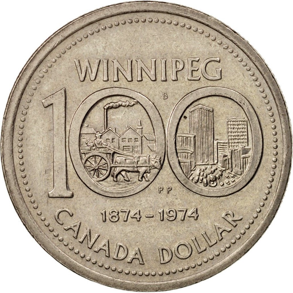 Canadian Dollar "Winnipeg Centennial" 1974 coin value KM 88
