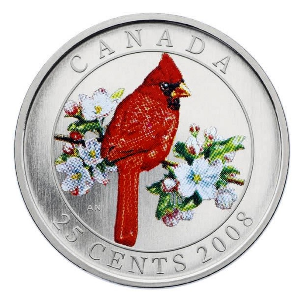 Canadian 25 Cents Northern Cardinal 2008 Coin Value KM 774 canadian-25-cents-northern-cardinal-2008-coin-value-km-774