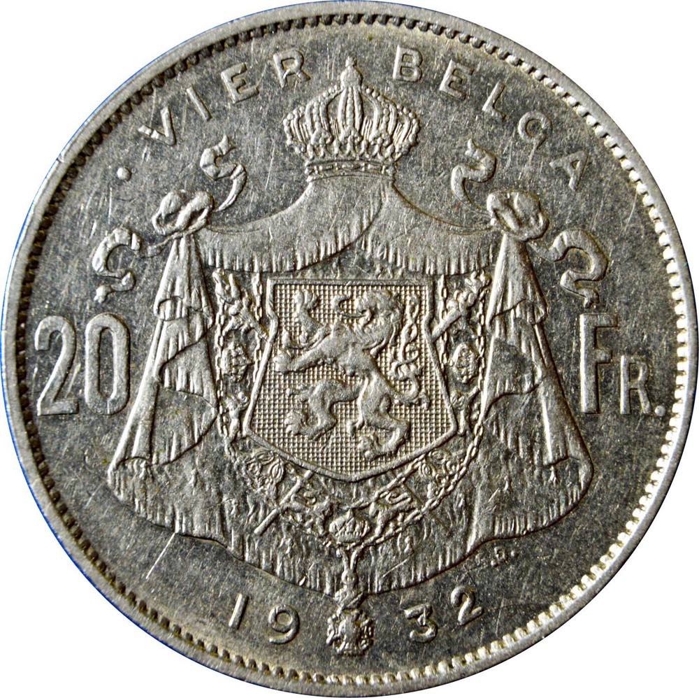 1932 Belgium 20 Francs 4 Belgas  Crown Sized Nickel Coin  Albert  portrait Left  Reverse Crown over Cloak Coat Of Arms  Lion Rampant