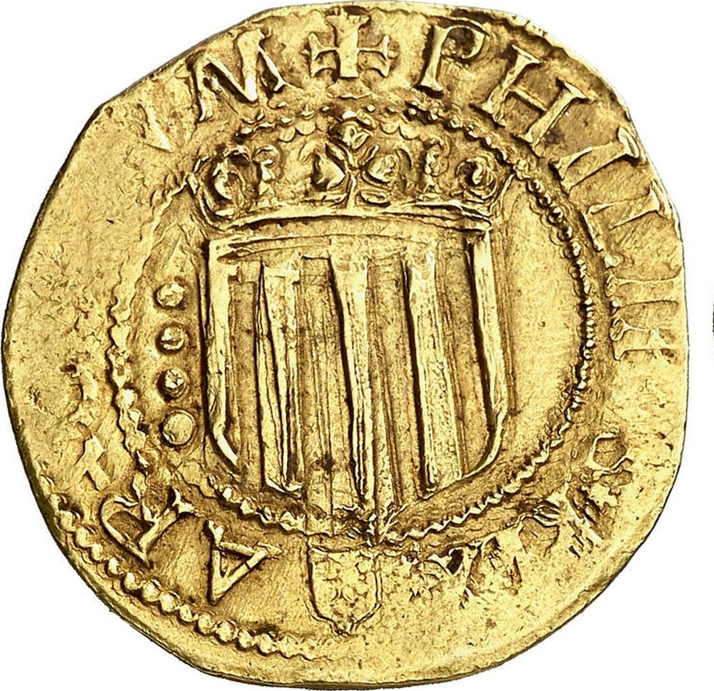 Монета испании 4. Монеты Филиппа 3 испанского. Золотая монета Филиппа.