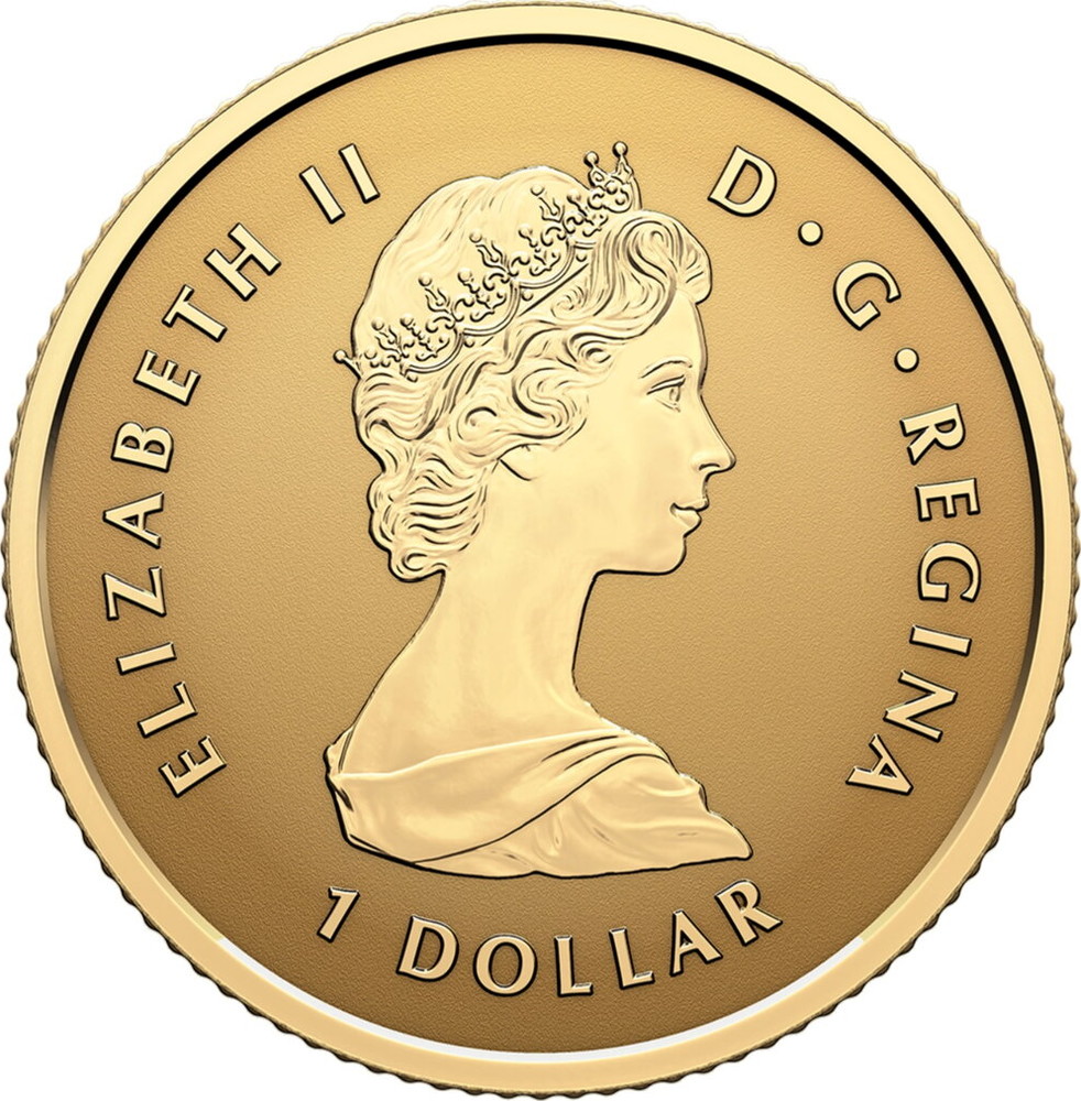 1 45 долларов. Canadian 1 oz Gold 50 Dollars "45th Anniversary of Canada’s Gold Maple Leaf" 2023. Elizabeth 1965 монета.