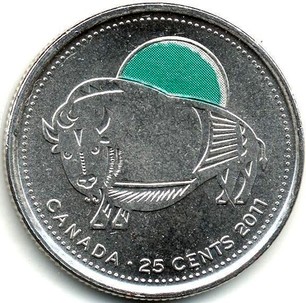 Set of 10* Green Colored Wood Bison 25 c Coins of The 2011 Parks Canada Series 