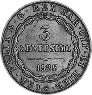 Italian 3 Centesimi "Carlo Felice" 1826 KM# 126.2 | Coinscatalog.NET