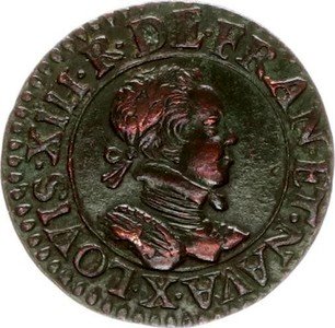 French Copper Double Tournois "Louis XIII Amiens Mint. 2nd Type" 1615