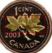 Illustration of the specifics of the Cent "Maple leaf gold plated - Elizabeth II (3rd portrait)" 2003 KM# 490b