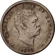 USA 1/4 D Hawaii Quarter Kalakaua I 1883 KM# 5 KALAKAUA I KING OF HAWAII coin obverse USA 1/4 D Hawaii Quarter Kalakaua I 1883 KM# 5 KALAKAUA I KING OF HAWAII coin obverse