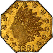 USA 1/4 Dollar Small Indian Head (Octagonal) 1881 KM# 2.3 *YEAR* coin obverse USA 1/4 Dollar Small Indian Head (Octagonal) 1881 KM# 2.3 *YEAR* coin obverse