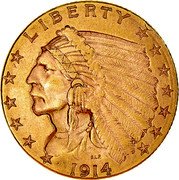 USA 2 ½ Dollars Indian Head - Quarter Eagle 1914 D KM# 128 LIBERTY B.L.P. coin obverse USA 2 ½ Dollars Indian Head - Quarter Eagle 1914 D KM# 128 LIBERTY B.L.P. coin obverse