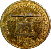 USA 20 Dolls. 1855 KM# 21 Blake & Company SAC. CALIFORNIA GOLD SMV .900 20 DOLLS. coin obverse USA 20 Dolls. 1855 KM# 21 Blake & Company SAC. CALIFORNIA GOLD SMV .900 20 DOLLS. coin obverse