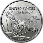 USA $25 American Eagle 2008 Burnished Unc. KM# 284 UNITED STATES OF AMERICA .9995 PLATINUM 1/4 OZ. $25 coin reverse USA $25 American Eagle 2008 Burnished Unc. KM# 284 UNITED STATES OF AMERICA .9995 PLATINUM 1/4 OZ. $25 coin reverse