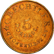 USA 5 Dollars C. Bechtler 1834 KM# 96.2 C. BECHTLER. AT RUTHERFORD 5 DOLLARS coin obverse USA 5 Dollars C. Bechtler 1834 KM# 96.2 C. BECHTLER. AT RUTHERFORD 5 DOLLARS coin obverse