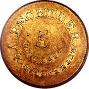 USA 5 Dollars (1842-52) KM# 85 August Bechtler A. BECHTLER. RUTHERFORD 5 DOLLARS coin obverse USA 5 Dollars (1842-52) KM# 85 August Bechtler A. BECHTLER. RUTHERFORD 5 DOLLARS coin obverse