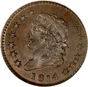 USA Cent Classic Head 1814 Plain 4 KM# 39 LIBERTY coin obverse USA Cent Classic Head 1814 Plain 4 KM# 39 LIBERTY coin obverse
