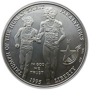 USA Dollar 1996 Atlanta Paralympics - blind runner 1995 D KM# 259 TRIUMPH OF THE HUMAN SPIRIT PARALYMPICS LIBERTY IN GOD WE TRUST coin obverse USA Dollar 1996 Atlanta Paralympics - blind runner 1995 D KM# 259 TRIUMPH OF THE HUMAN SPIRIT PARALYMPICS LIBERTY IN GOD WE TRUST coin obverse