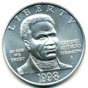 USA Dollar Black Revolutionary War Patriots 1998 S KM# 288 LIBERTY IN GOD WE TRUST CRISPUS ATTUCKS 1723-1770 coin obverse USA Dollar Black Revolutionary War Patriots 1998 S KM# 288 LIBERTY IN GOD WE TRUST CRISPUS ATTUCKS 1723-1770 coin obverse