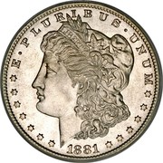 USA Dollar Morgan 1881 S KM# 110 E ∙ PLURIBUS ∙ UNUM LIBERTY coin obverse USA Dollar Morgan 1881 S KM# 110 E ∙ PLURIBUS ∙ UNUM LIBERTY coin obverse