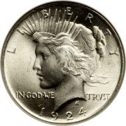 USA Dollar Peace 1924 KM# 150 LIBERTY IN GOD WE TRUST coin obverse USA Dollar Peace 1924 KM# 150 LIBERTY IN GOD WE TRUST coin obverse