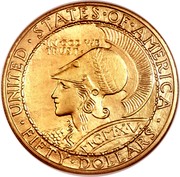 USA Fifty Dollars Panama-Pacific Exposition Round 1915 S KM# 138 ∙ UNITED ∙ STATES ∙ OF ∙ AMERICA ∙ FIFTY ∙ DOLLARS ∙ IN GOD WE TRUST ∙ coin obverse USA Fifty Dollars Panama-Pacific Exposition Round 1915 S KM# 138 ∙ UNITED ∙ STATES ∙ OF ∙ AMERICA ∙ FIFTY ∙ DOLLARS ∙ IN GOD WE TRUST ∙ coin obverse