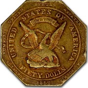 USA Fifty Dolls Augustus Humbert Assay 1852 KM# 32.2 UNITED STATES OF AMERICA FIFTY DOLLS 887 THOUS coin obverse USA Fifty Dolls Augustus Humbert Assay 1852 KM# 32.2 UNITED STATES OF AMERICA FIFTY DOLLS 887 THOUS coin obverse