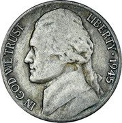 USA Five Cents Monticello 1945 D KM# 192a LIBERTY IN GOD WE TRUST coin obverse USA Five Cents Monticello 1945 D KM# 192a LIBERTY IN GOD WE TRUST coin obverse