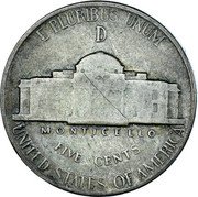 USA Five Cents Monticello 1945 D KM# 192a E PLURIBUS UNUM UNITED STATES OF AMERICA FIVE CENTS MONTICELLO coin reverse USA Five Cents Monticello 1945 D KM# 192a E PLURIBUS UNUM UNITED STATES OF AMERICA FIVE CENTS MONTICELLO coin reverse