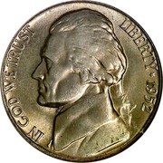 USA Five Cents Monticello 1952 KM# A192 LIBERTY IN GOD WE TRUST coin obverse USA Five Cents Monticello 1952 KM# A192 LIBERTY IN GOD WE TRUST coin obverse