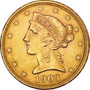 USA Five D. Liberty (Coronet Head) - Half Eagle 1903 Proof KM# 101 LIBERTY coin obverse USA Five D. Liberty (Coronet Head) - Half Eagle 1903 Proof KM# 101 LIBERTY coin obverse