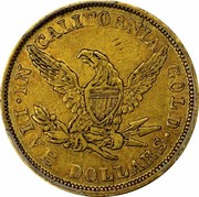 USA Five Dollars Wass Molitor (Small head) 1852 KM# 55 ∙ IN CALIFORNIA GOLD ∙ FIVE DOLLARS coin reverse USA Five Dollars Wass Molitor (Small head) 1852 KM# 55 ∙ IN CALIFORNIA GOLD ∙ FIVE DOLLARS coin reverse