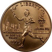 USA Five Dollars XXVI Olympiad Torch Runner 1995 W KM# 261 LIBERTY IN GOD WE TRUST 1995 100 ATLANTA 1996 coin obverse USA Five Dollars XXVI Olympiad Torch Runner 1995 W KM# 261 LIBERTY IN GOD WE TRUST 1995 100 ATLANTA 1996 coin obverse