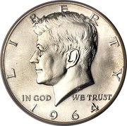 USA Half Dollar Kennedy 1964 Accented Hair KM# 202 LIBERTY IN GOD WE TRUST coin obverse USA Half Dollar Kennedy 1964 Accented Hair KM# 202 LIBERTY IN GOD WE TRUST coin obverse