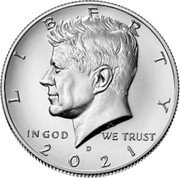 USA Half Dollar Kennedy 2021 D 	 KM# A202b LIBERTY IN GOD WE TRUST coin obverse USA Half Dollar Kennedy 2021 D 	 KM# A202b LIBERTY IN GOD WE TRUST coin obverse