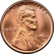 USA One Cent Lincoln 1944 D KM# A132 IN GOD WE TRUST LIBERTY coin obverse USA One Cent Lincoln 1944 D KM# A132 IN GOD WE TRUST LIBERTY coin obverse