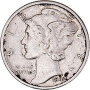 USA One Dime Mercury 1942 Proof KM# 140 LIBERTY IN GOD WE TRUST coin obverse USA One Dime Mercury 1942 Proof KM# 140 LIBERTY IN GOD WE TRUST coin obverse
