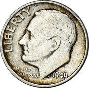USA One Dime Roosevelt 1949 KM# 195 LIBERTY IN GOD WE TRUST coin obverse USA One Dime Roosevelt 1949 KM# 195 LIBERTY IN GOD WE TRUST coin obverse