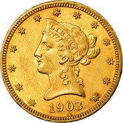 USA Ten D. Coronet Head 1903 Proof KM# 102 LIBERTY DATE coin obverse USA Ten D. Coronet Head 1903 Proof KM# 102 LIBERTY DATE coin obverse