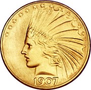 USA Ten Dollars Indian Head 1907 without periods KM# 125 LIBERTY DATE coin obverse