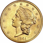 USA Twenty D. Liberty Double Eagle 1861 S KM# 93 LIBERTY 1861 coin obverse USA Twenty D. Liberty Double Eagle 1861 S KM# 93 LIBERTY 1861 coin obverse