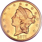 USA Twenty D. Liberty Double Eagle 1875 CC KM# 74.2 LIBERTY DATE coin obverse USA Twenty D. Liberty Double Eagle 1875 CC KM# 74.2 LIBERTY DATE coin obverse