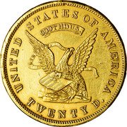 USA Twenty Dollars Ingot U.S. Assay Office San Francisco 1853 KM# 53a UNITED STATES OF AMERICA TWENTY D. 900/880 THOUS LIBERTY coin obverse USA Twenty Dollars Ingot U.S. Assay Office San Francisco 1853 KM# 53a UNITED STATES OF AMERICA TWENTY D. 900/880 THOUS LIBERTY coin obverse