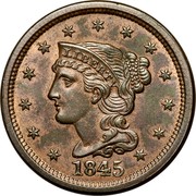 USA Cent Braided Hair 1845 KM# 67 LIBERTY coin obverse