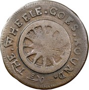 USA 3 Pence Higley Copper With Wheel 1737 KM# Tn20 THE WHEELE GOES ROUND coin obverse USA 3 Pence Higley Copper With Wheel 1737 KM# Tn20 THE WHEELE GOES ROUND coin obverse
