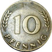 Germany 10 Pfennig 1949 D KM# 103 Federal Republic / Standard Coinage coin reverse Germany 10 Pfennig 1949 D KM# 103 Federal Republic / Standard Coinage coin reverse