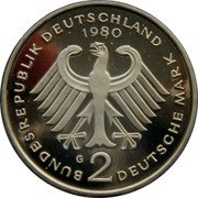 Germany 2 Mark 1980 G KM# 149 Federal Republic / Standard Coinage coin obverse