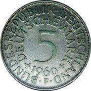 Germany 5 Mark 1960 F KM# 112.1 Federal Republic / Standard Coinage coin obverse Germany 5 Mark 1960 F KM# 112.1 Federal Republic / Standard Coinage coin obverse