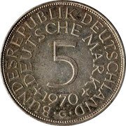 Germany 5 Mark 1970 G KM# 112.2 Federal Republic / Standard Coinage coin obverse Germany 5 Mark 1970 G KM# 112.2 Federal Republic / Standard Coinage coin obverse