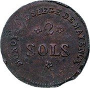 Germany 2 SOLS 1793 KM# 602 Mainz / French Occupation / Siege Coinage coin reverse