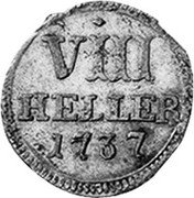 Germany 8 Heller (2/3 Albus) 1737 F larger than R in monogram KM# 423.1 Landgraviate / Regular Coinage coin reverse Germany 8 Heller (2/3 Albus) 1737 F larger than R in monogram KM# 423.1 Landgraviate / Regular Coinage coin reverse