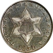 USA III Cents Type 2 1854 KM# 80 UNITED STATES OF AMERICA coin obverse USA III Cents Type 2 1854 KM# 80 UNITED STATES OF AMERICA coin obverse
